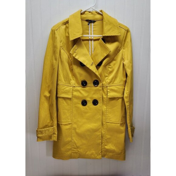 Yellow Double-Breasted Womens Trench Coat With Black Buttons & Pockets - Picture 1 of 16